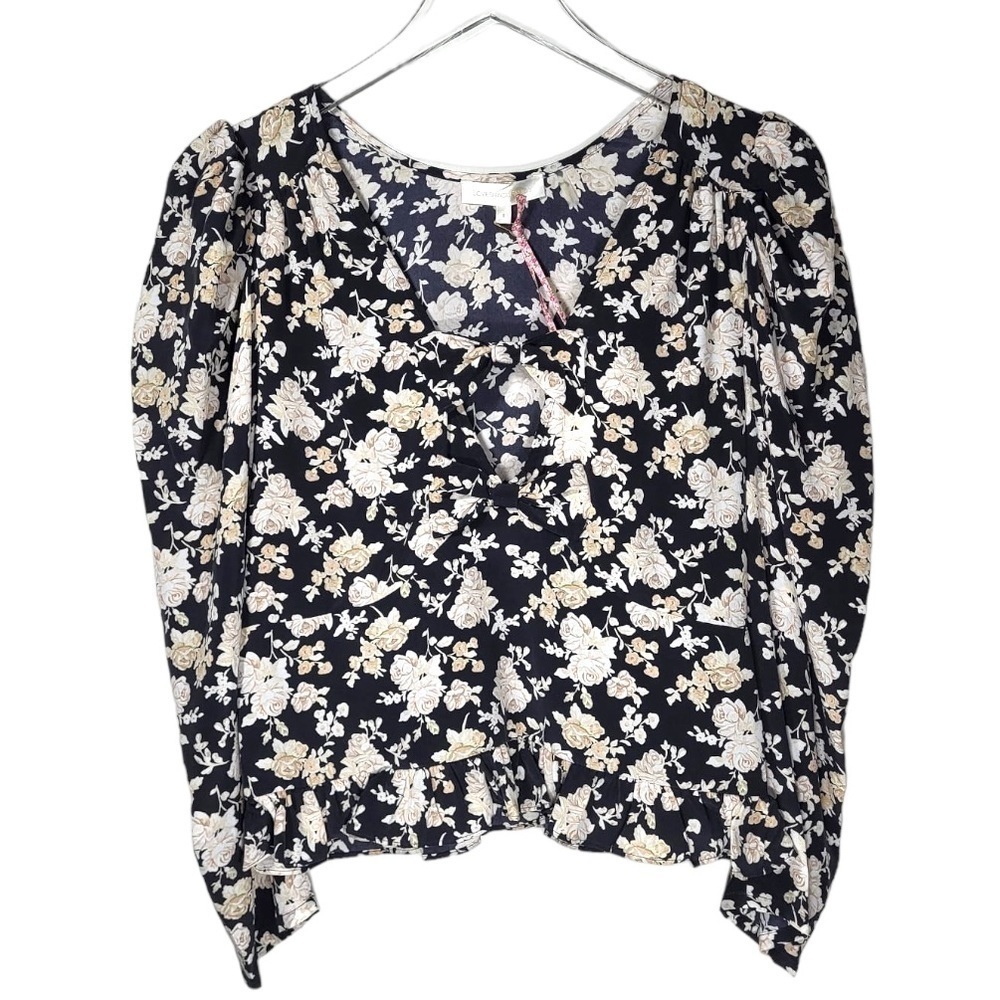 NEW LoveShackFancy Silk Floral Print Louis Blouse in Almond Cookie - Picture 7 of 16